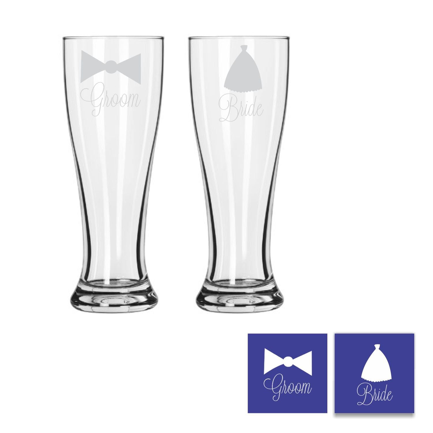 Engraved Bride and Groom Pilsner Beer Glass