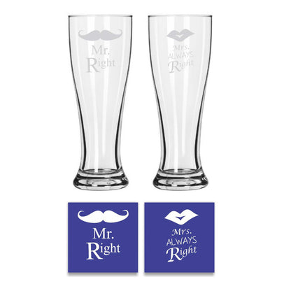 Engraved Mr Right Mrs Always Right Pilsner Beer Glass