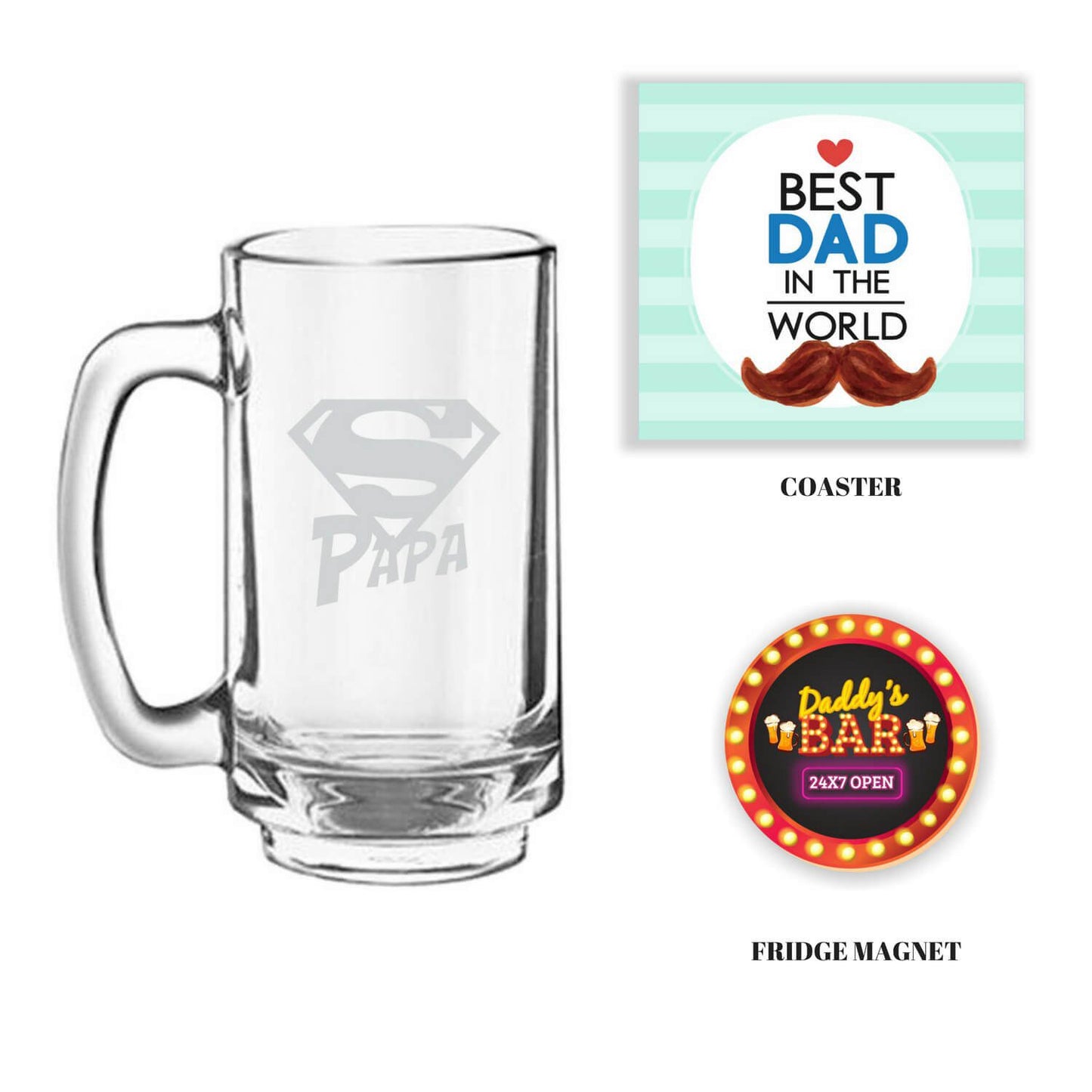 Engraved Super Papa Beer Mug with Fridge Magnet