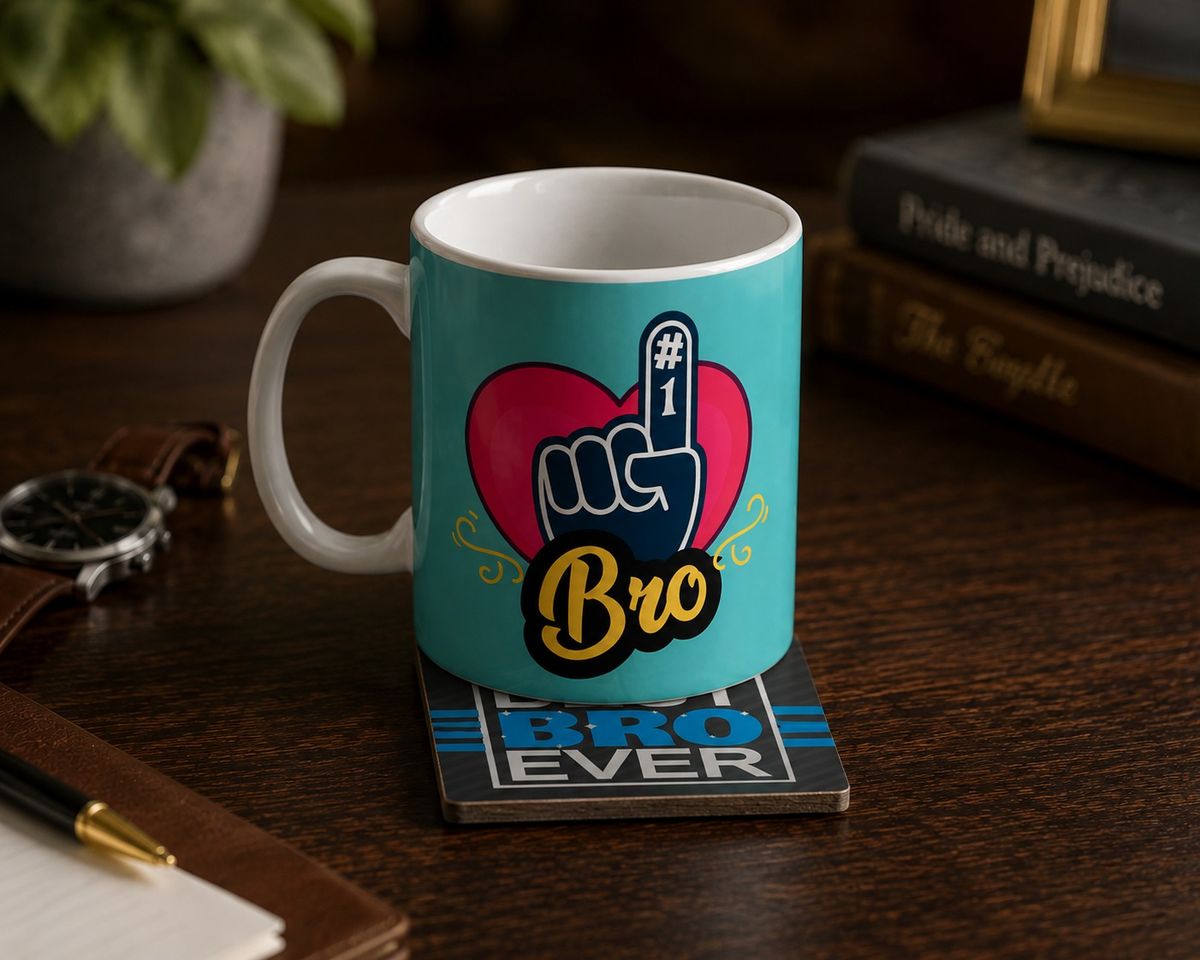 No 1 Bro ceramic mug and coaster detail