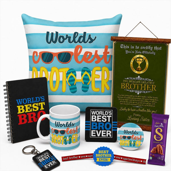 Worlds Coolest Brother rakhi gift hamper set of 9 with chocolate
