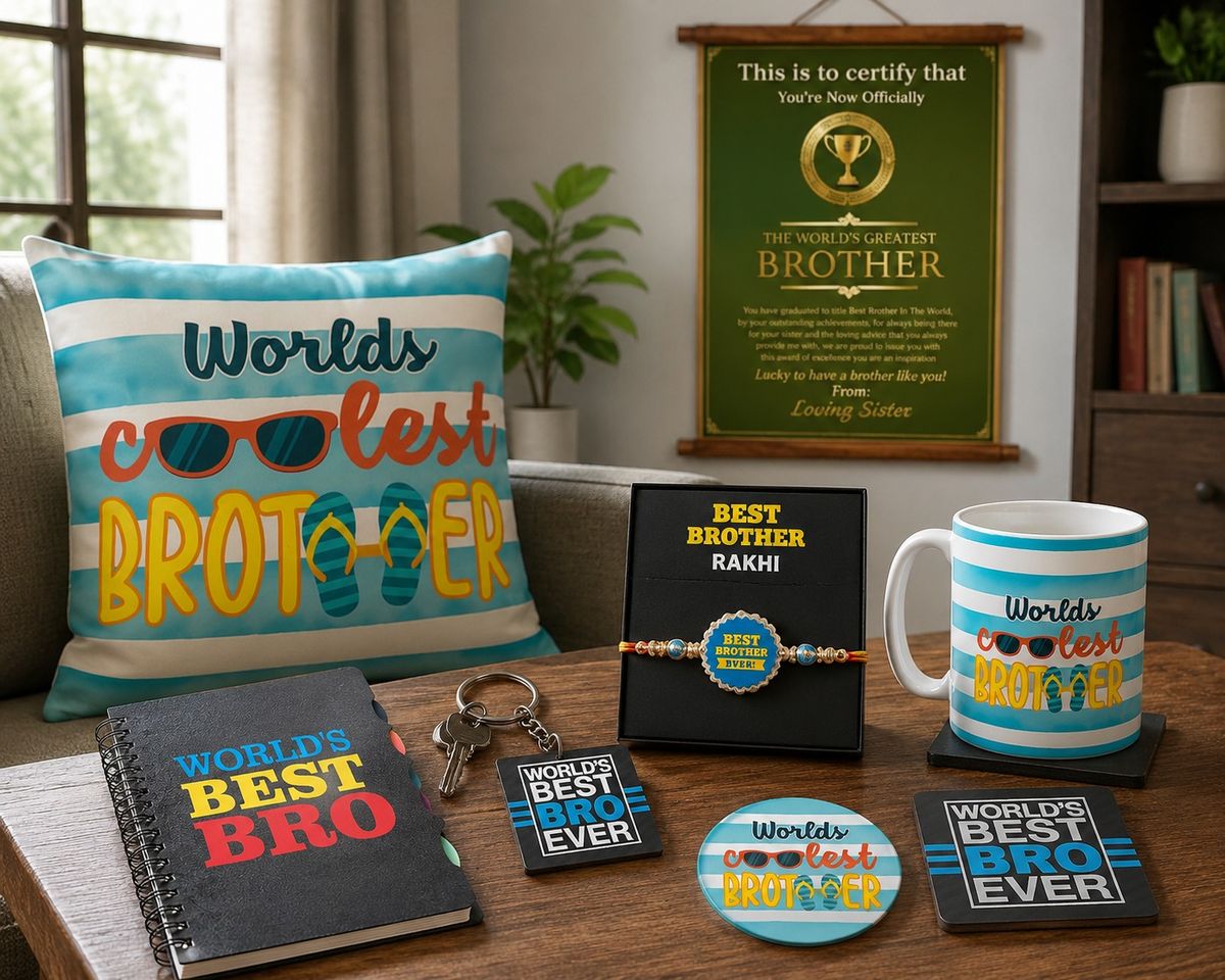 Worlds Coolest Brother hamper styled on table
