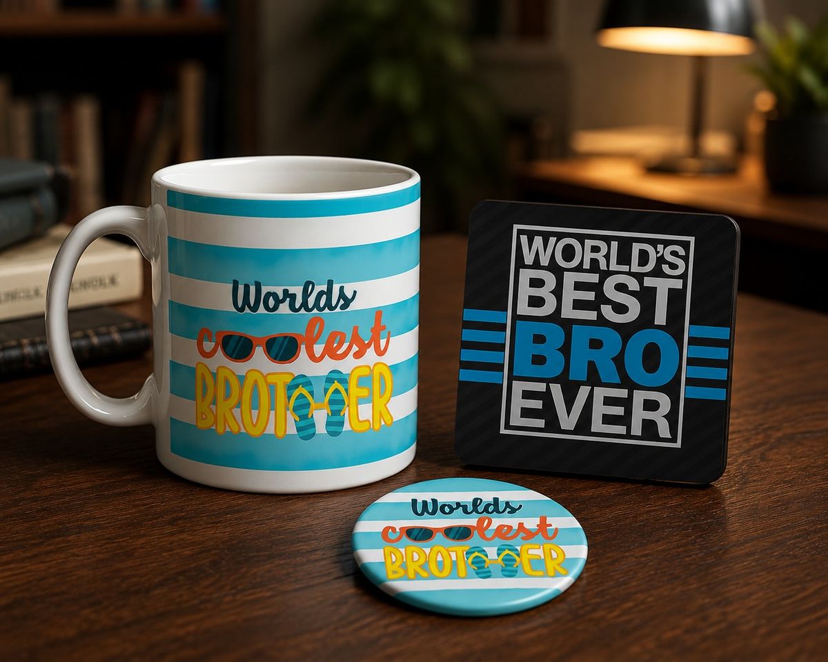 Worlds Coolest Brother ceramic mug and coaster detail