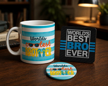 Worlds Coolest Brother ceramic mug and coaster detail