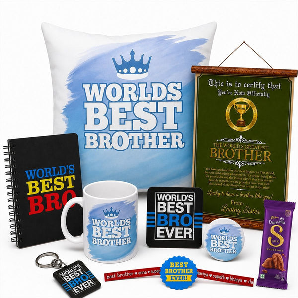 Worlds Best Brother rakhi gift hamper set of 9 with chocolate