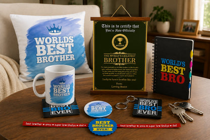Worlds Best Brother hamper styled on table