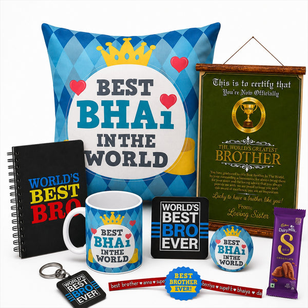 Best Bhai In The World rakhi gift hamper set of 9 with chocolate