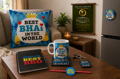Best Bhai In The World hamper styled in living room
