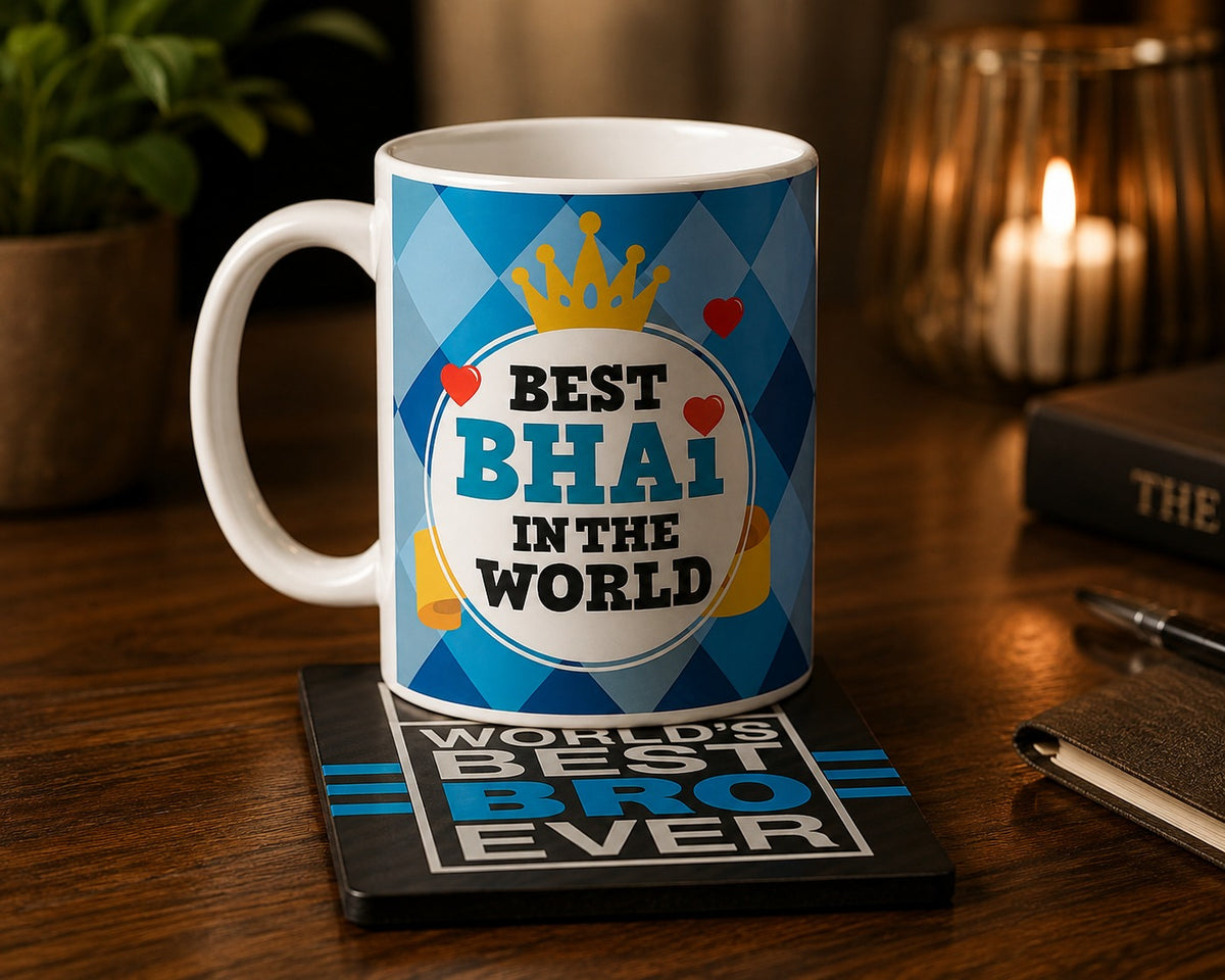 Best Bhai In The World ceramic mug and coaster detail