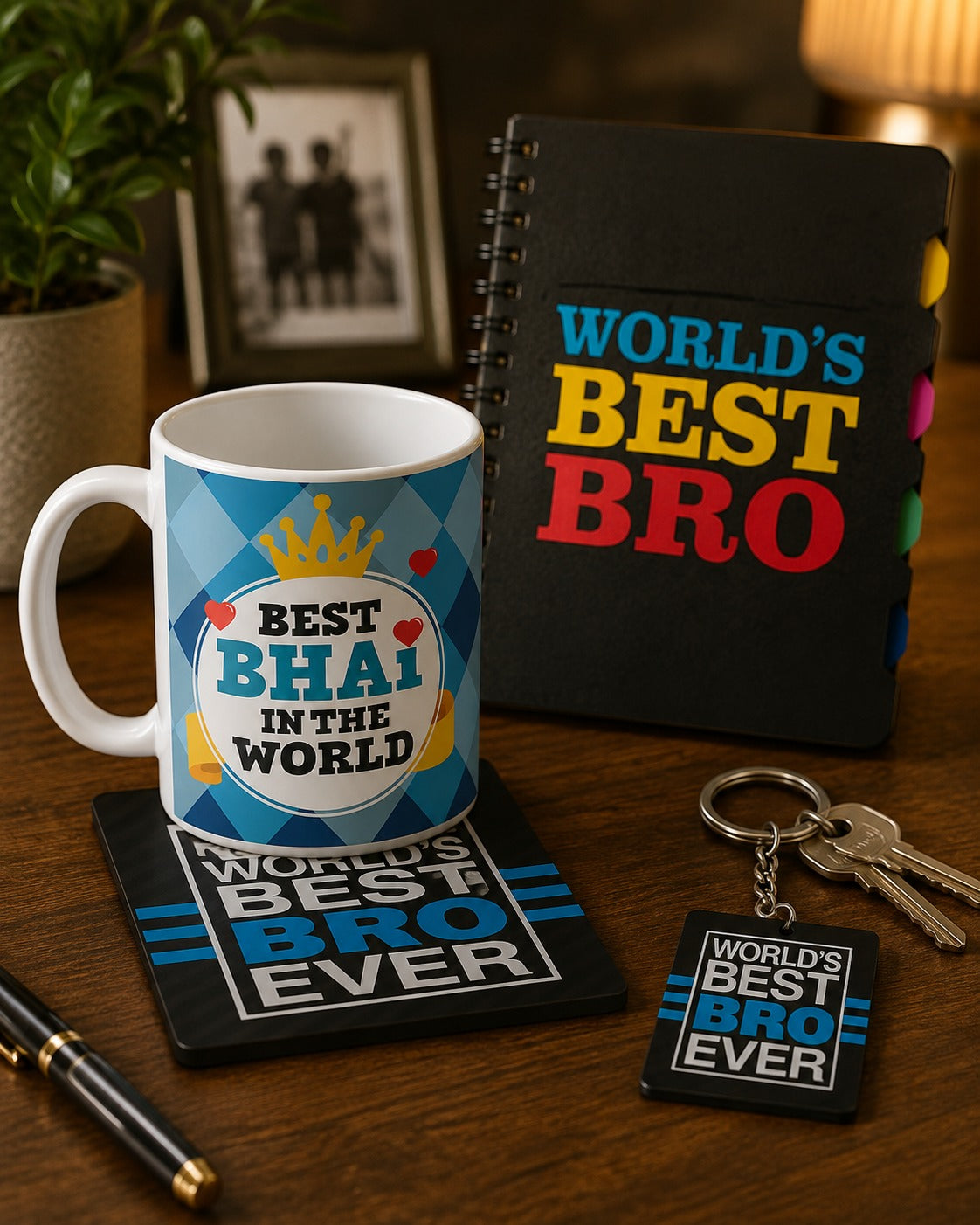 Best Bhai In The World mug notebook and keychain detail