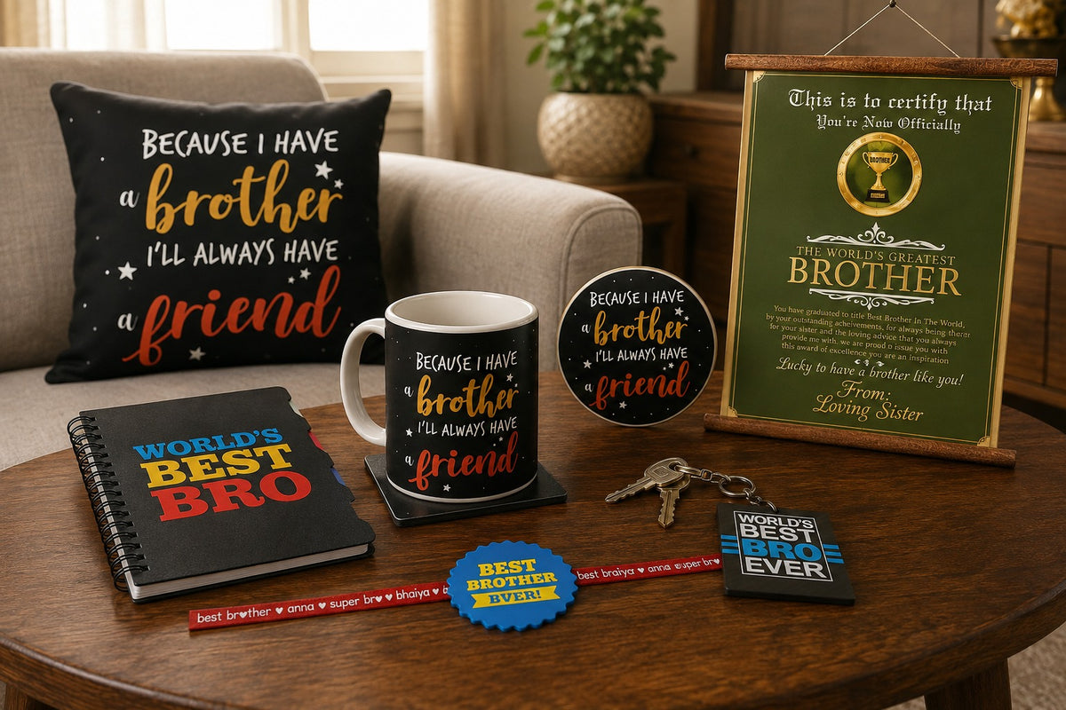 Brother and friend quote hamper styled on table