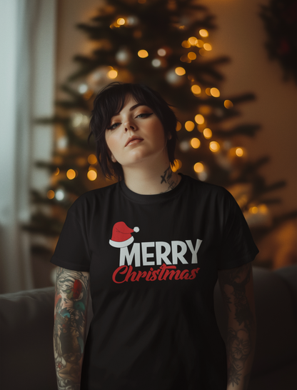 ai-created-mockup-of-a-tattooed-woman-wearing-a-t-shirt-in-a-christmas-decorated-room-m51703
