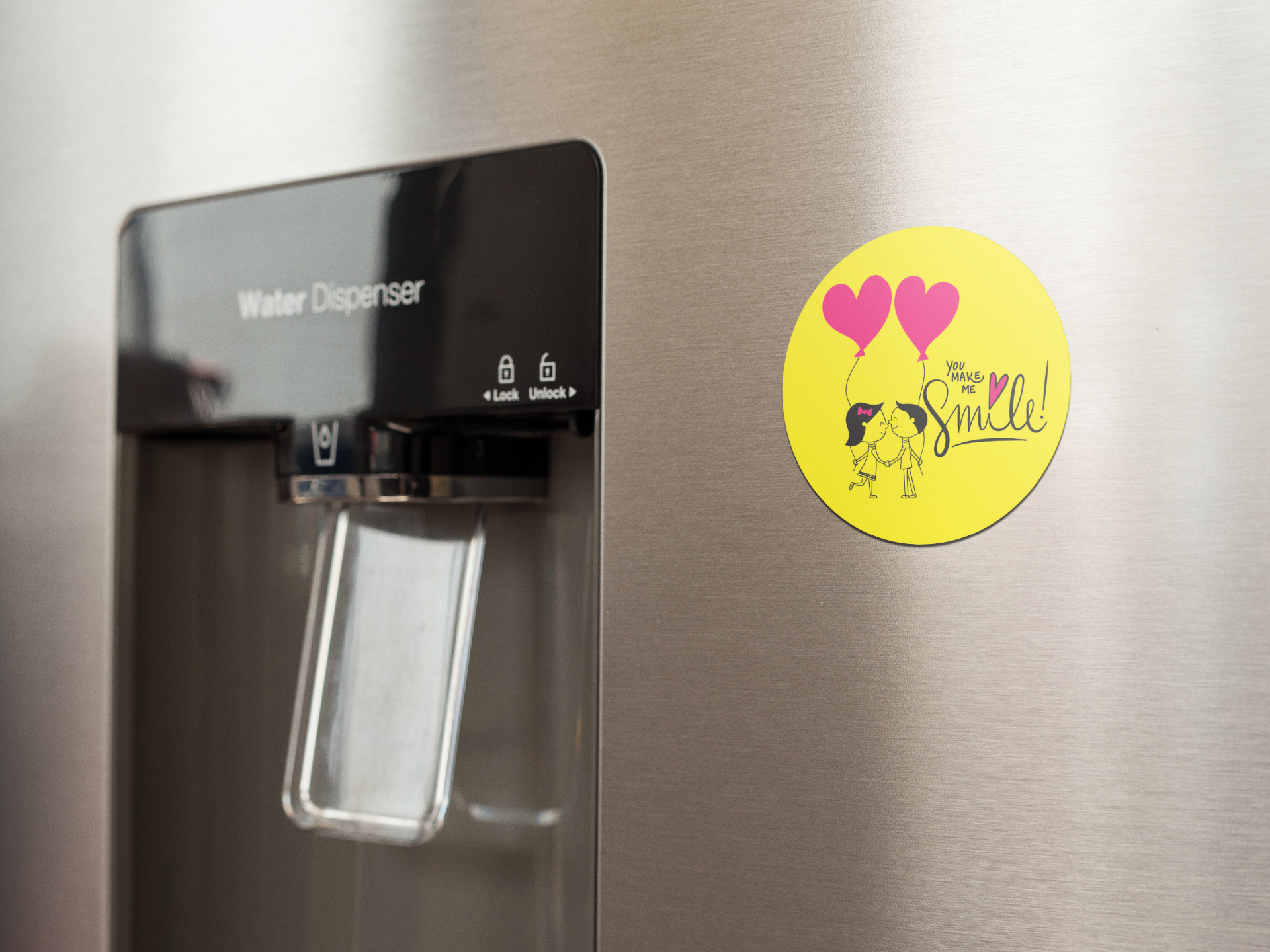 fridge-magnet-mockup-on-a-metallic-fridge-near-the-water-dispenser-a14790