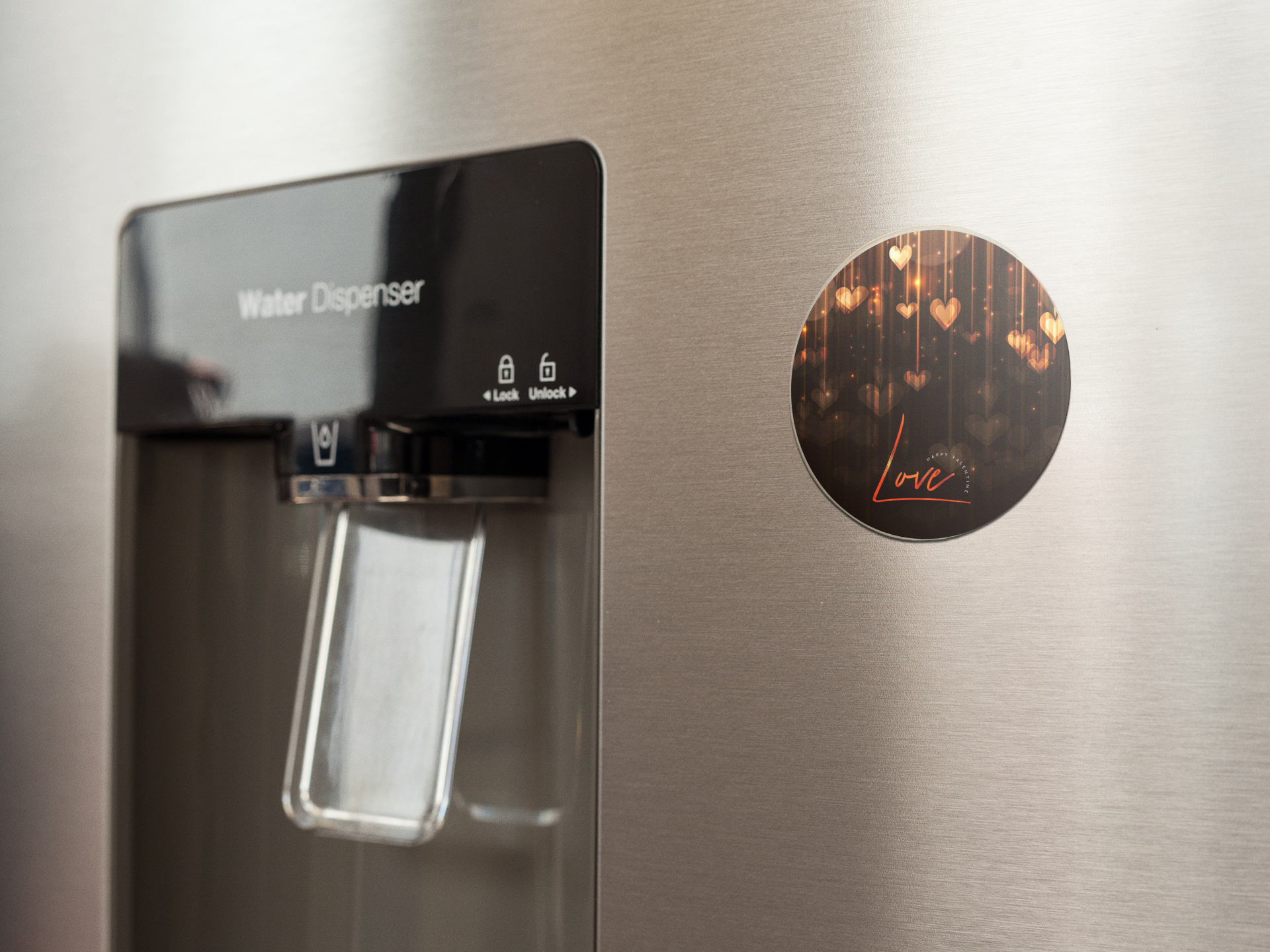 fridge-magnet-mockup-on-a-metallic-fridge-near-the-water-dispenser-a14790