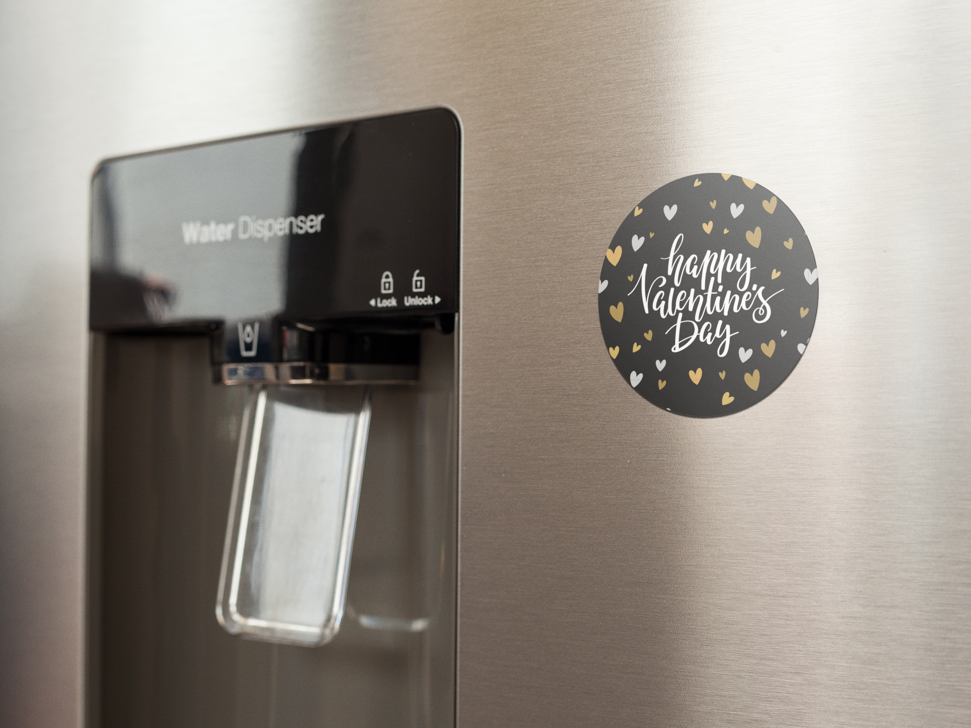 fridge-magnet-mockup-on-a-metallic-fridge-near-the-water-dispenser-a14790