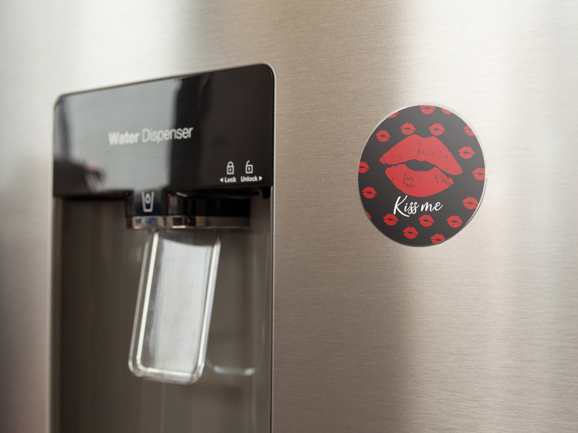 fridge-magnet-mockup-on-a-metallic-fridge-near-the-water-dispenser-a14790