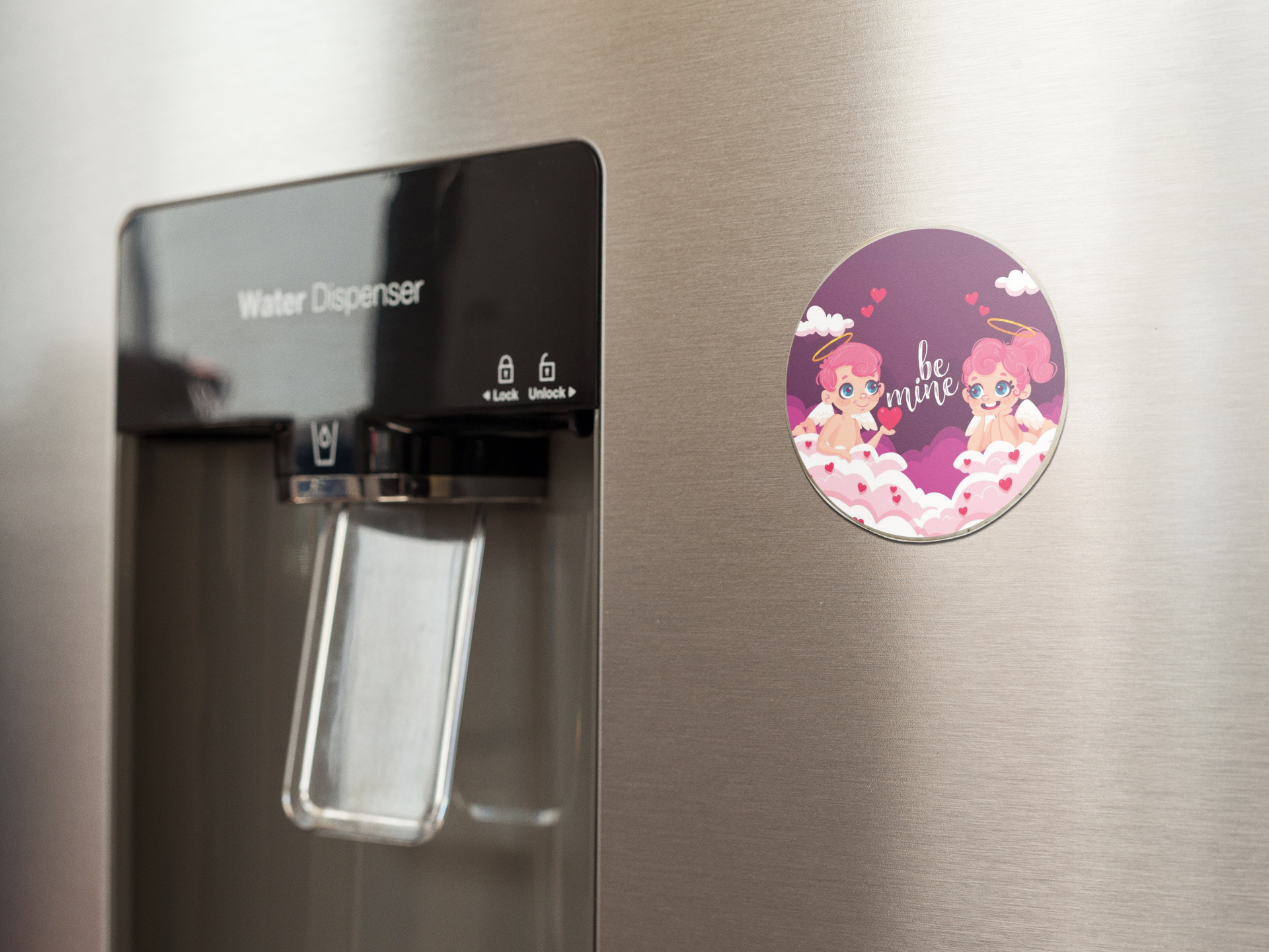 fridge-magnet-mockup-on-a-metallic-fridge-near-the-water-dispenser-a14790