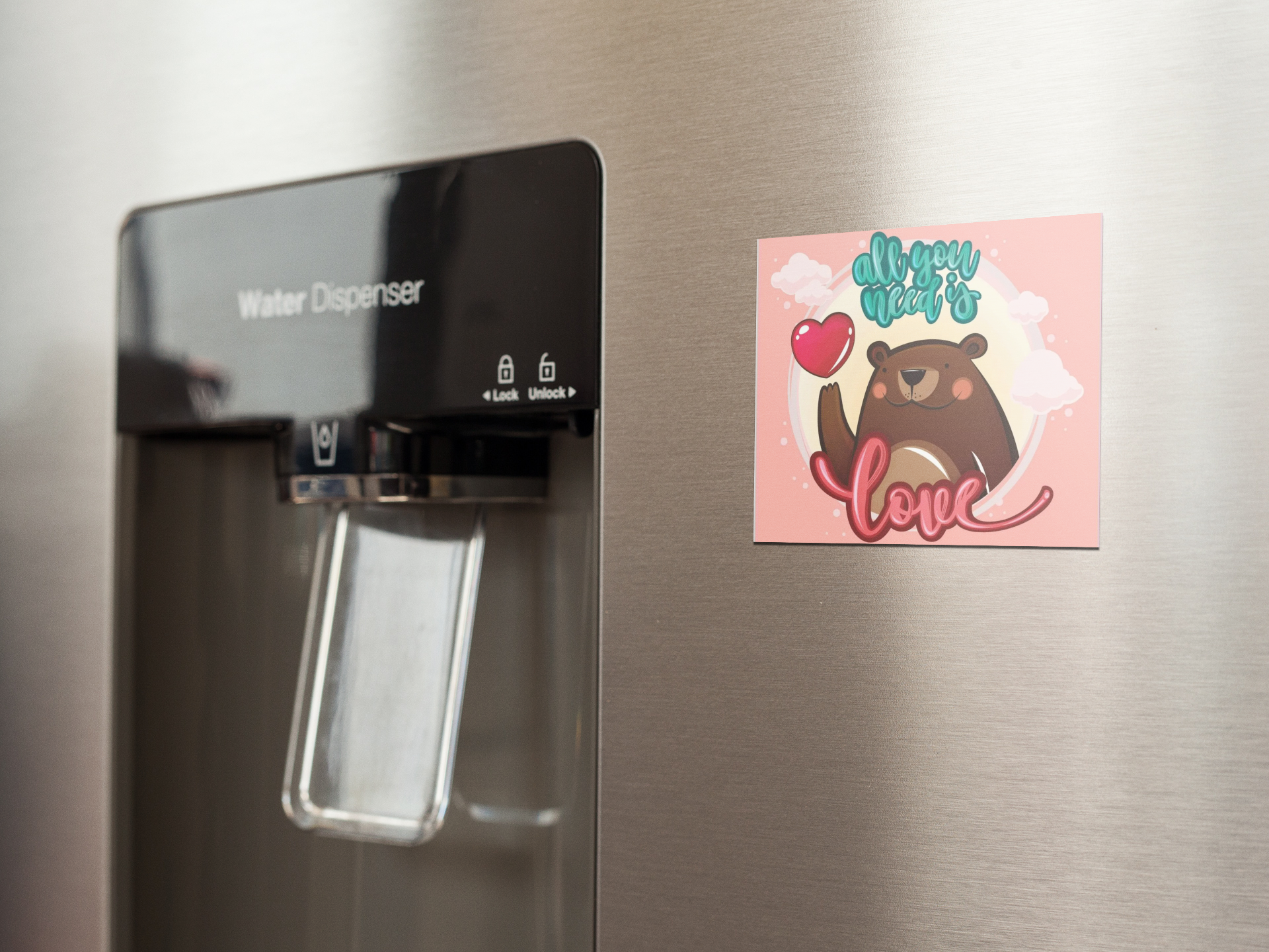 fridge-magnet-mockup-on-a-metallic-fridge-near-the-water-dispenser-a14790