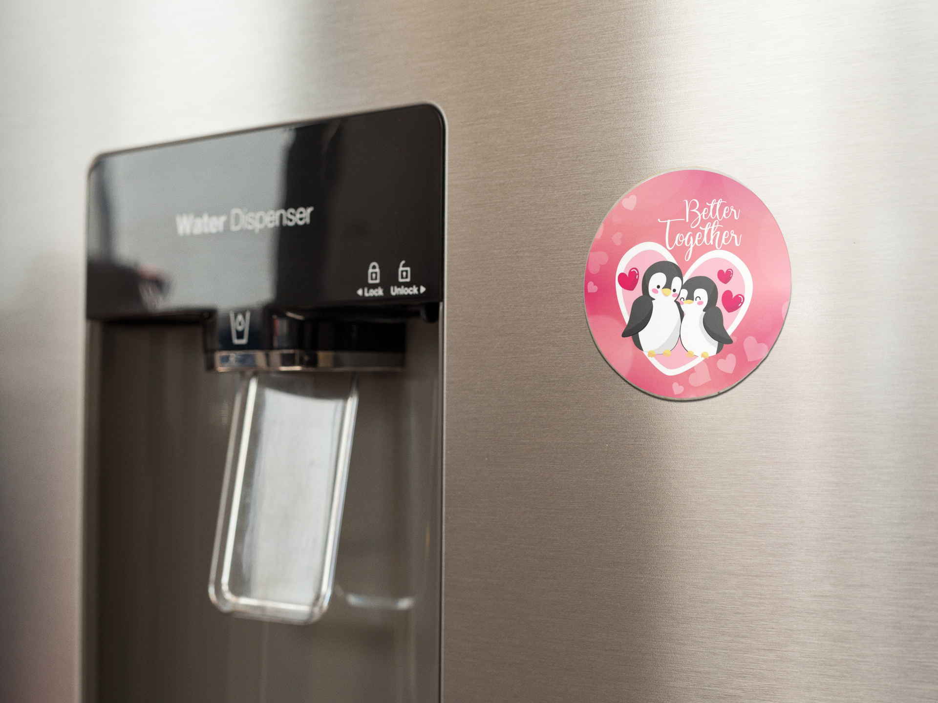 fridge-magnet-mockup-on-a-metallic-fridge-near-the-water-dispenser-a14790