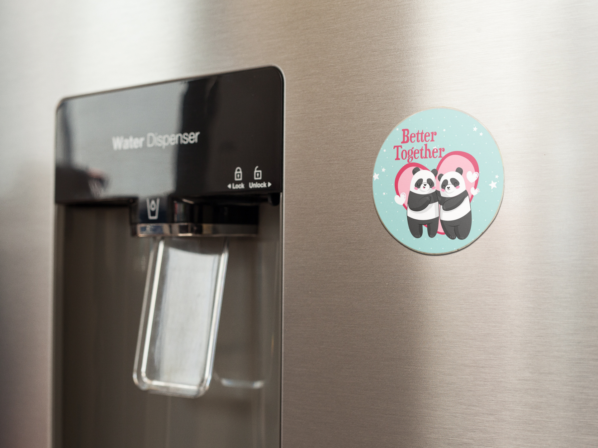 fridge-magnet-mockup-on-a-metallic-fridge-near-the-water-dispenser-a14790