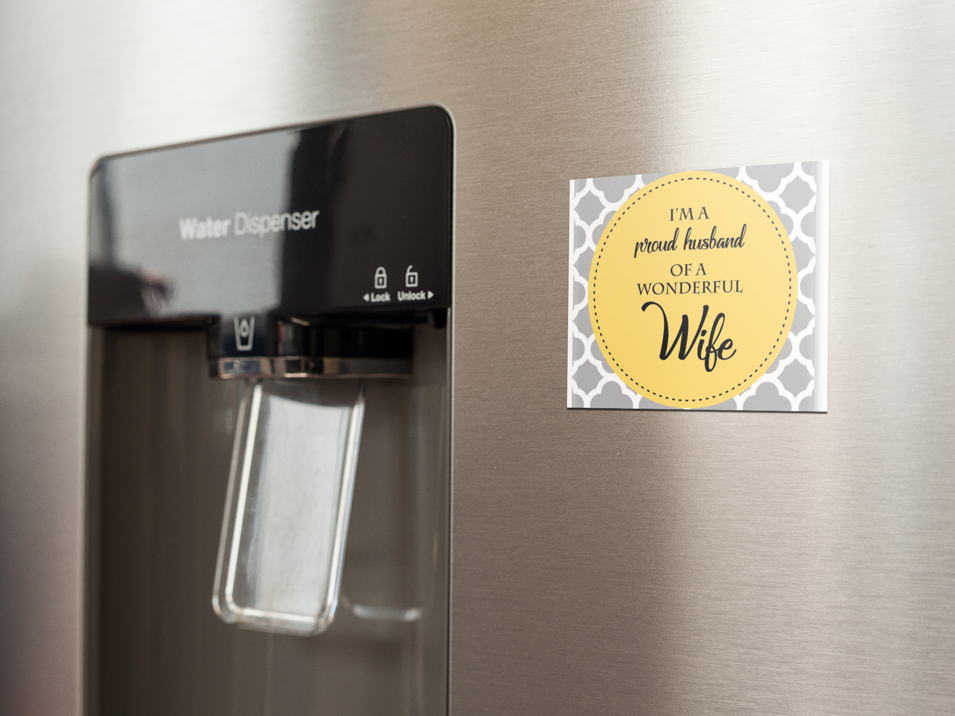fridge-magnet-mockup-on-a-metallic-fridge-near-the-water-dispenser-a14790