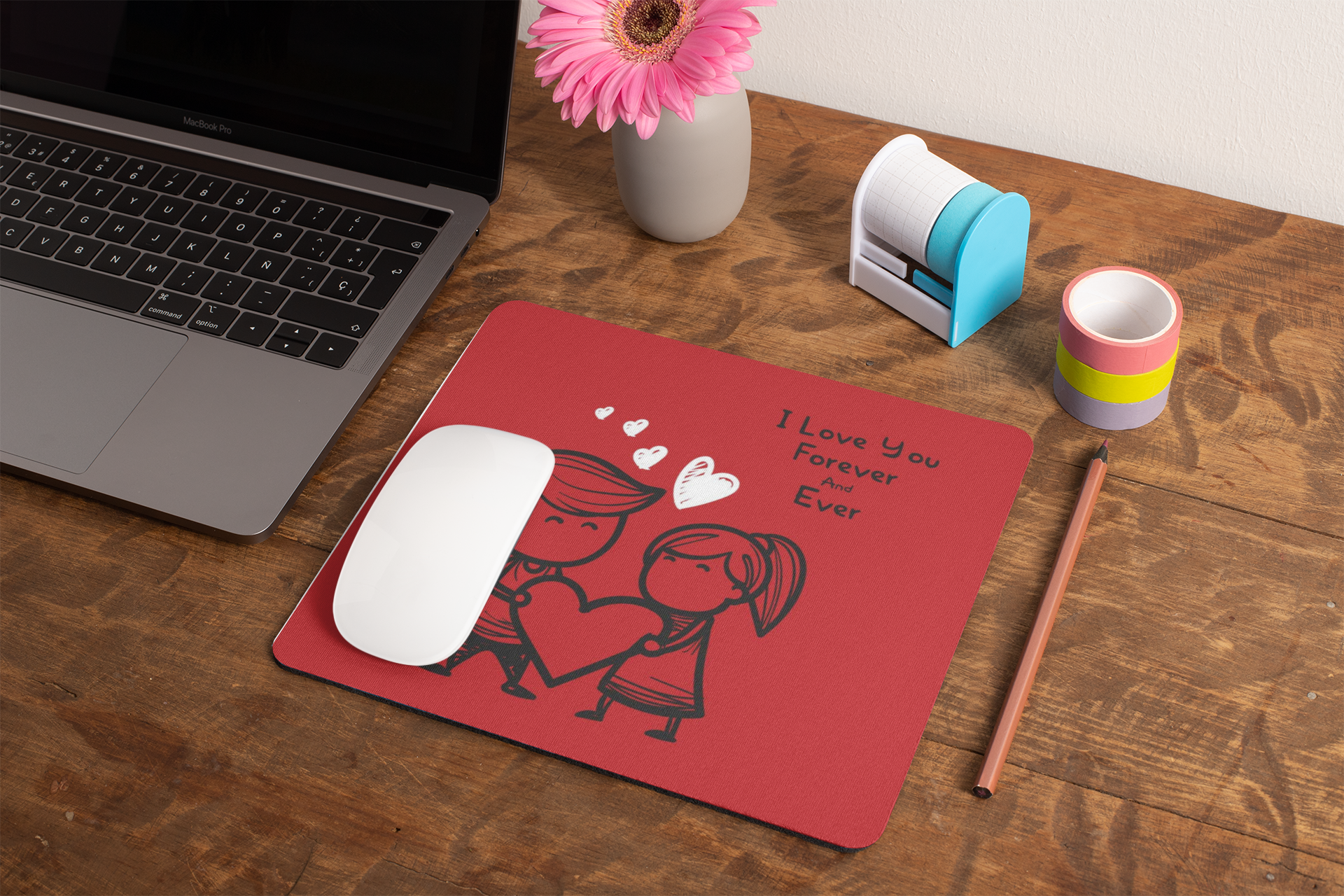 mockup-of-a-mousepad-lying-on-a-rustic-table-next-to-a-flower-vase-27554