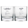 Mr Right Mrs Always Right Engraved Whiskey Glasses with Coasters