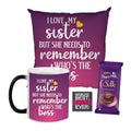 Who's the Boss Funny Sister Gift Combo Set of 3 - Mug & Cushion