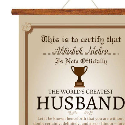 worlds greatest husband certificate canvas scroll