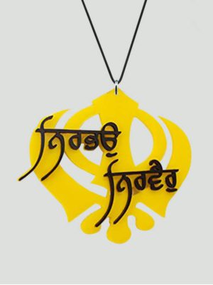 Religious Acrylic Car Hangings for Sikhs Printed Nirbhau Nirvair with Long Hanging Thread