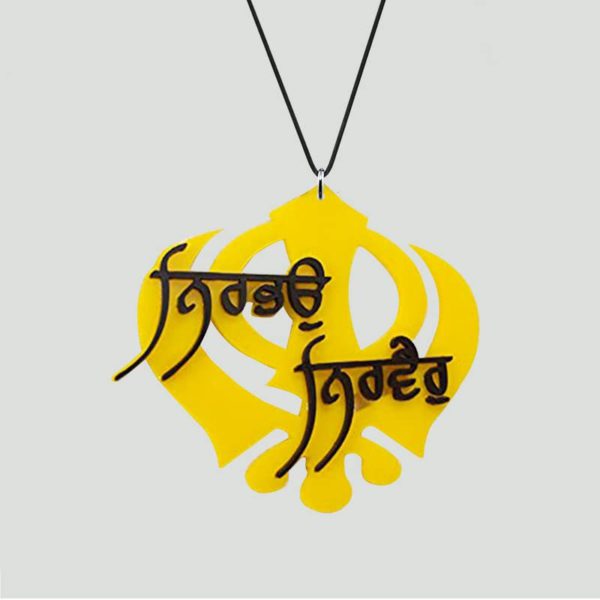 Religious Acrylic Car Hangings for Sikhs Printed Nirbhau Nirvair with Long Hanging Thread