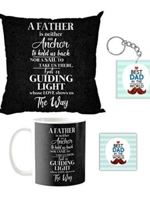 Father is Neither Anchor Nor Sail But Guiding Light Combo Hamper of Mug, Coaster, Cushion Cover (Black) - Set of 3