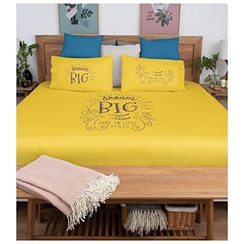 Dream Big and Enjoy The Little Things Motivational Quotes King Size Double Bedsheet with 2 Pillow Covers_Yellow,