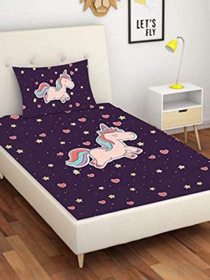 Birthday Gifts Velvet Designer Kids Happy Birthday Unicorn Printed Single Bedsheet (65x100 Inches/250CT) with 1 Matching