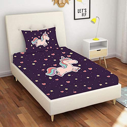 Birthday Gifts Velvet Designer Kids Happy Birthday Unicorn Printed Single Bedsheet (65x100 Inches/250CT) with 1 Matching