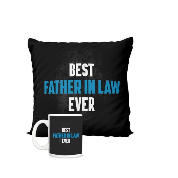 Father's Day Gifts Mug, Cushion Cover, Fridge Magnet Combo Hamper Set of 3 for Funny Teasing Father-in-Law