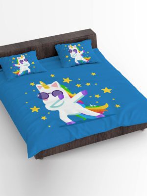 Birthday Gifts Velvet Designer Kids Swag Baby Unicorns Printed Double King Size Bedsheet (100x100 Inches/250CT) with 2