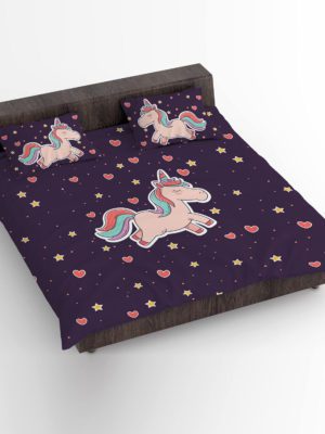 Birthday Gifts Velvet Designer Kids Cute Unicorns Printed Double King Size Bedsheet (100x100 Inches/250CT) with 2