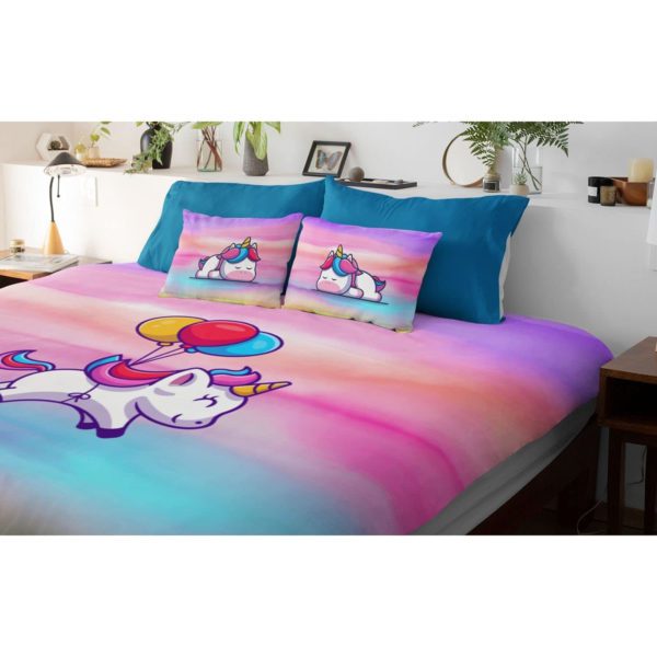 Birthday Gifts Velvet Designer Kids Balloons Flying Unicorns Printed Double King Size Bedsheet (100x100 Inches/250CT)