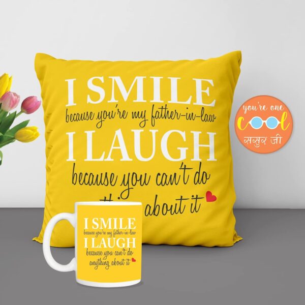 Father's Day Gifts Mug, Cushion Cover, Fridge Magnet Combo Hamper Set of 3 for The Best Father-in-Law Ever