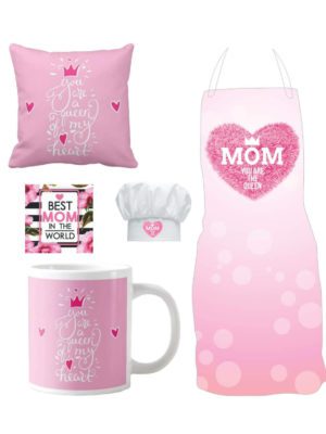 Mom You are Queen of My Heart Gift Hamper for Mom - Apron, Chef Hat, Cushion Cover, Mug, Coaster, Mom Birthday