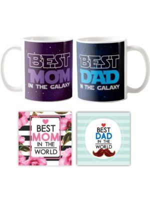 Wedding Parents, Best Mom Dad in The Galaxy Coffee Mug, Coaster Combo Set of 4