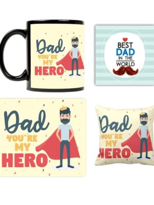 Super Dad Ceramic Mug-Coaster-Cushion Cover-Mousepad-Keychain (Off-white, 330ml) - Combo Set of 5