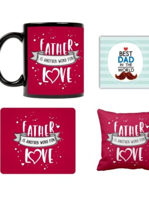 Father is Another Word for Love Ceramic Mug, Coaster, Cushion Cover, Mousepad and Keychain (Red) -Combo Set of 5