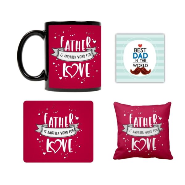 Father is Another Word for Love Ceramic Mug, Coaster, Cushion Cover, Mousepad and Keychain (Red) -Combo Set of 5