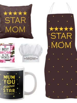 5 Star Mom Gift Hamper for Mom - Apron Chef Hat Cushion Cover Mug Coaster Birthday Gifts for Mom