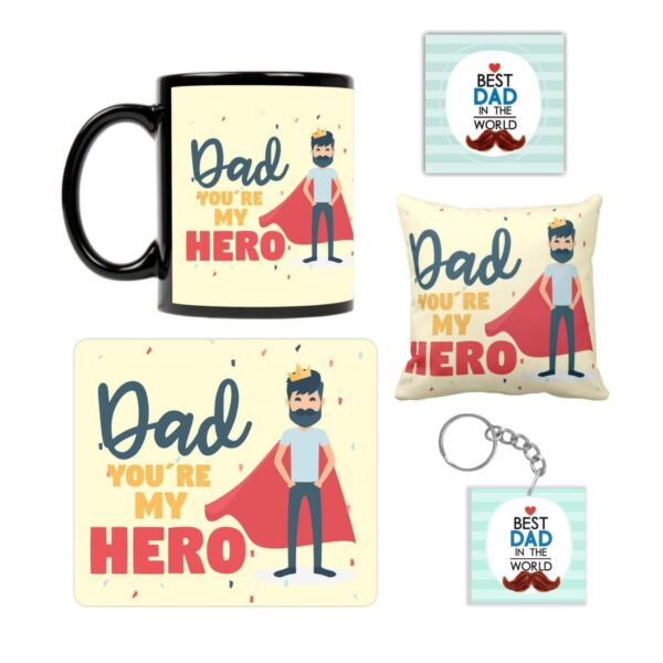 Super Dad Ceramic Mug-Coaster-Cushion Cover-Mousepad-Keychain (Off-white, 330ml) - Combo Set of 5