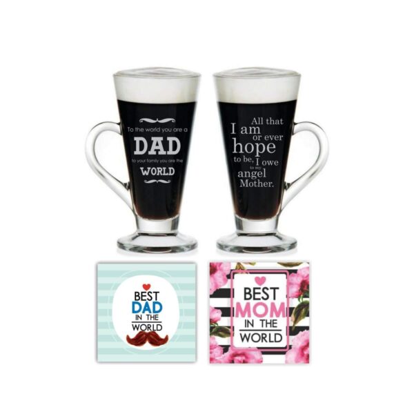 Mothers Day Just Like Mother Father Engraved Coffee Tea Cups of 2 with Coasters