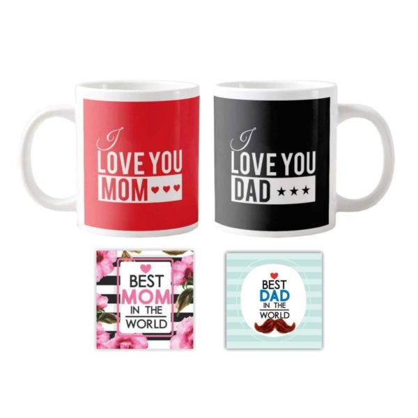 Birthday Gifts for Mom Dad 325 Ml Coffee Mug Set of 2 with Tea Coaster - Starry Beautiful Mother Father