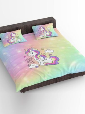 Kid's Velvet Designer 250TC Modern Dream Come True Unicorn Printed Double King Size Bedsheet with 2 Matching Pillow